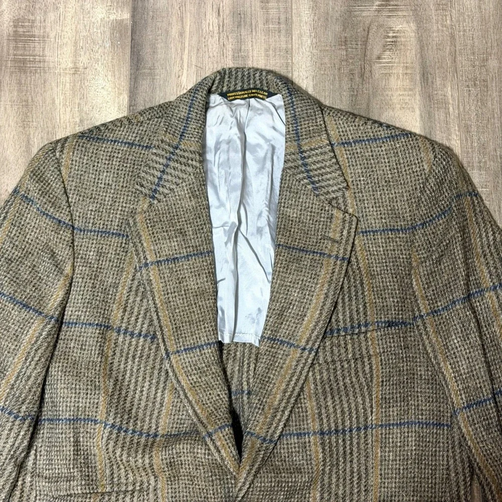 Lands End Charter Collection Mens Brown Plaid Wool Tweed Blazer Sport Coat USA